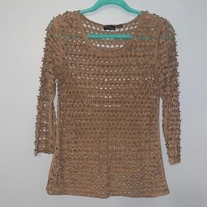 EUC Tribal Clothing Open Weave Net Tan 3/4 Sleeve Top Size Small